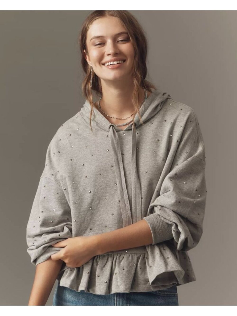Anthropologie Pilcro Gray Drop-Shoulder Flounce Peplum embellished Hoodie Medium